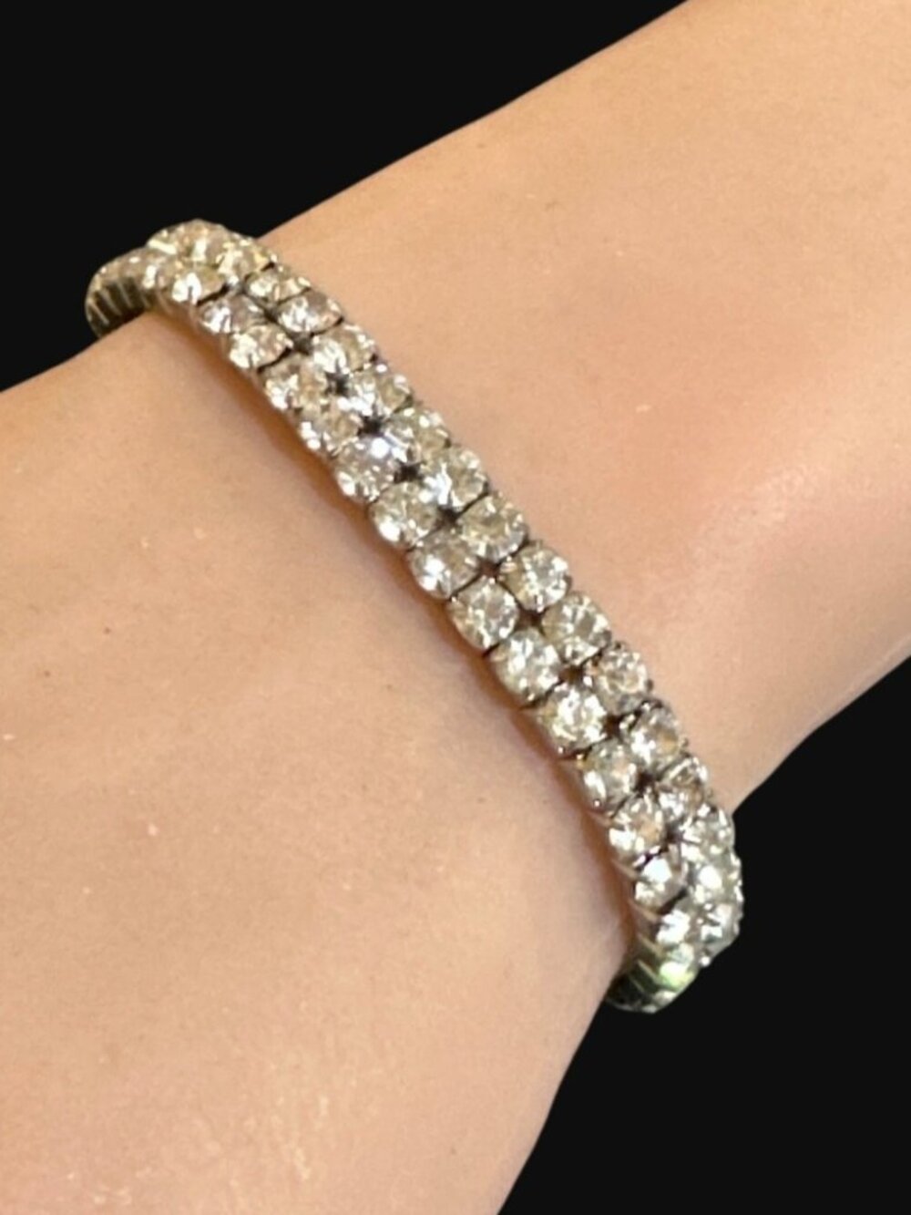Vintage Bracelet Double Row Rhinestone Prong Set Silver Tone Womens Jewelry